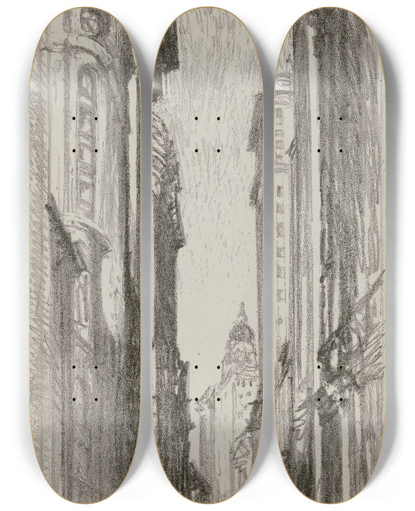 Triptych art skateboard deck of Joseph Pennell Nassau Street by Joseph Pennell (1857-1926)