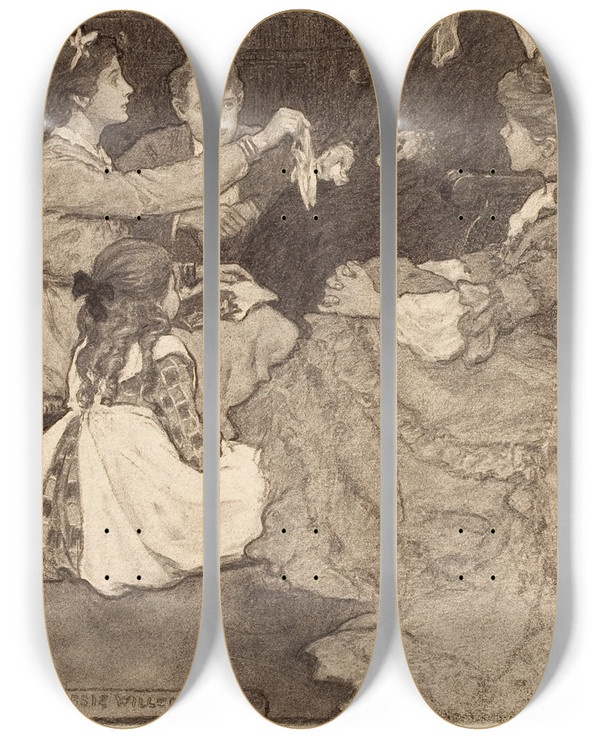 Triptych art skateboard deck of Jessie Willcox Smith Alcotts Old Fashioned Girl by Jessie Willcox Smith (1863-1935)