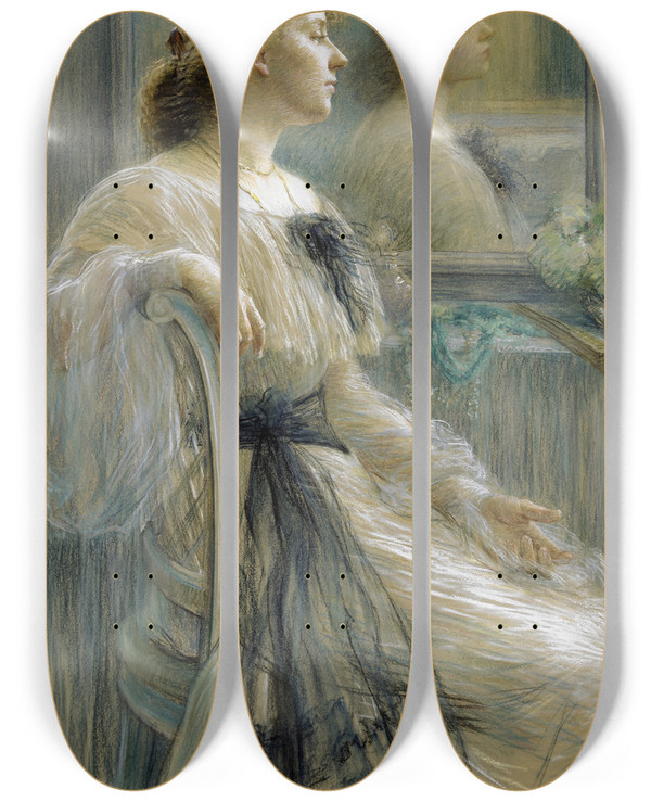 Triptych art skateboard deck of Louise Catherine Breslau Woman In Front Of A Mirror Annette Sterlind by Louise Catherine Breslau (1856-1927)
