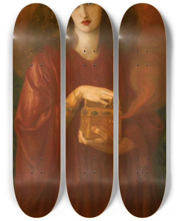Triptych art skateboard deck of Dante Gabriel Rossetti Pandora by Dante Gabriel Rossetti (1828-1882)
