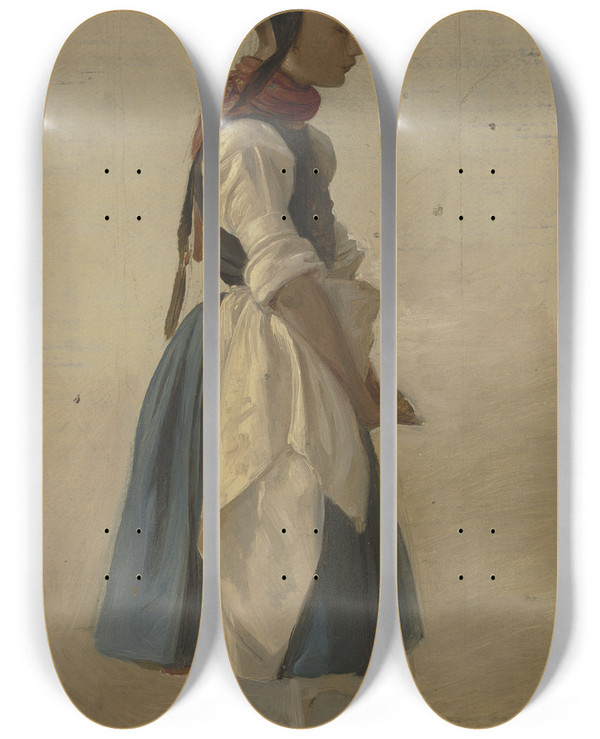 Triptych art skateboard deck of Jakob Becker Hessian Peasant Girl by Jakob Becker (1810-1872)