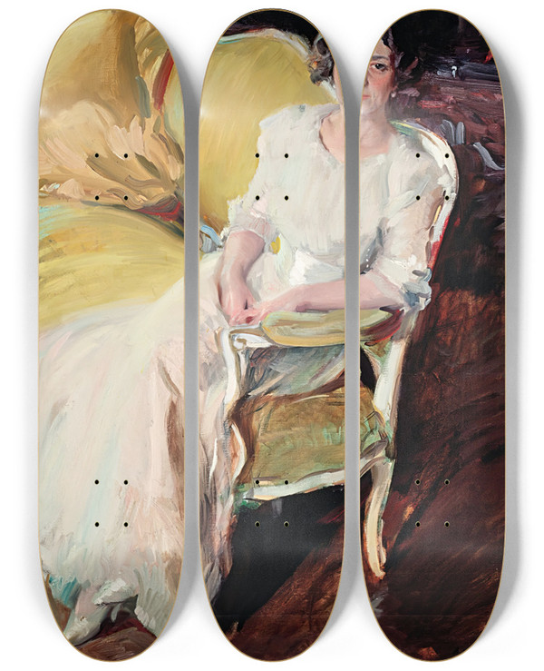 Triptych art skateboard deck of Joaqun Sorolla Clotilde Seated On The Sofa by Joaquin Sorolla (1863-1923)