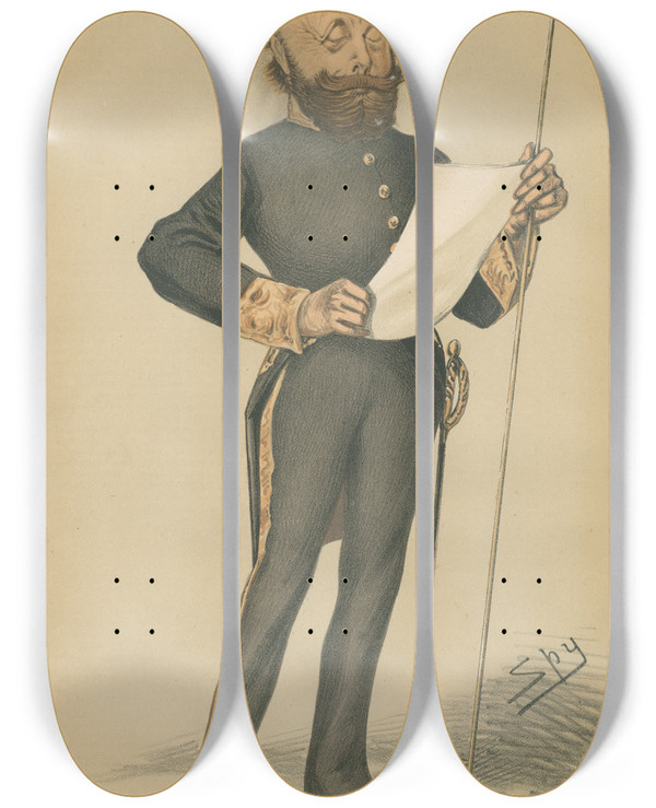Triptych art skateboard deck of Leslie Matthew Ward Politicians A Message From The Queen The Rt Hon Lord Otho Augustus Fitzgerald August 9 1873 by Leslie Matthew Ward (1851-1922)