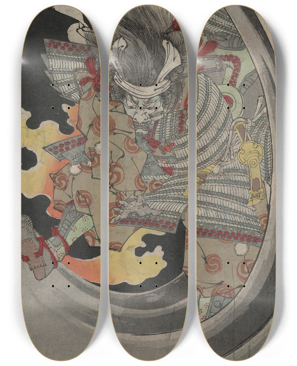 Triptych art skateboard deck of Tsukioka Yoshitoshi Mushataira No Tomomori by Tsukioka Yoshitoshi (1839-1892)