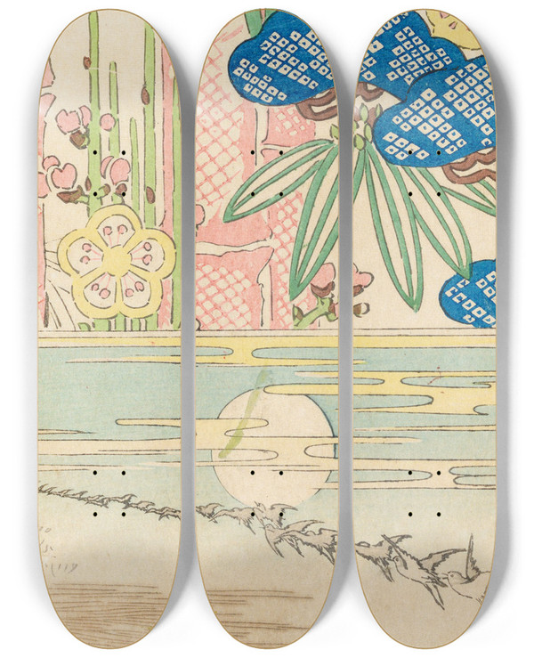 Triptych art skateboard deck of Nakayasu Shinzabur Shin Zuan Pl05 by Nakayasu Shinzaburo (1892)