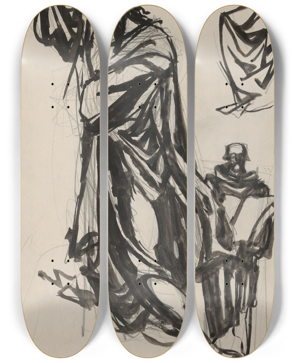 Triptych art skateboard deck of Jn Novk Figural Studies_1 by Jan Novak (1921-1944)