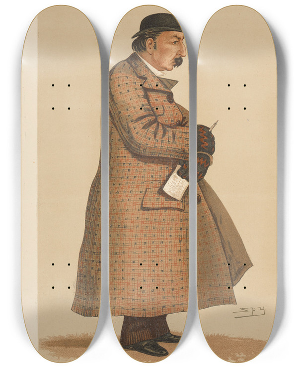 Triptych art skateboard deck of Leslie Matthew Ward Turf Devotees Jem Captain James Octavius Machell December 3 1887 by Leslie Matthew Ward (1851-1922)