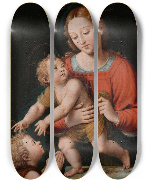 Triptych art skateboard deck of Joan Macip The Virgin Mary With The Christ Child And The Infant Saintjohn The Baptist by Joan Macip (1507-1579)
