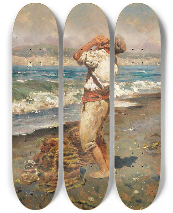 Triptych art skateboard deck of Antonino Leto The Fisherman by Antonino Leto (1844-1913)