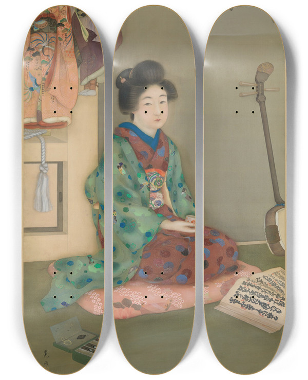 Triptych art skateboard deck of Arai Ku Female Chanter For Jruri Puppet Theater by Arai Kou (20-)