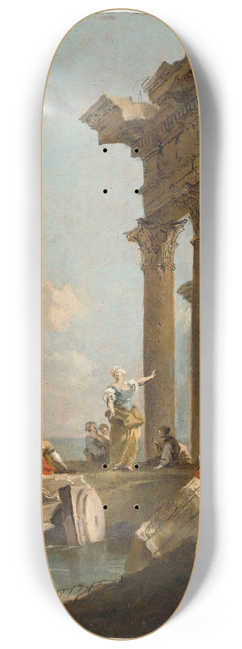 Francesco Guardi - An Architectural Capriccio With Figures Amongst Classical Ruins, A Temple Beyond 8.25 inch art skate deck