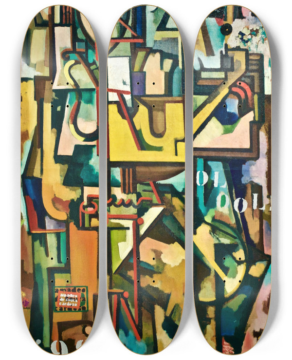 Triptych art skateboard deck of Amadeo De Souzacardoso Metallic Vibrations Mechanical Geometric Splendor by Amadeo de Souza-Cardoso (1887-1918)