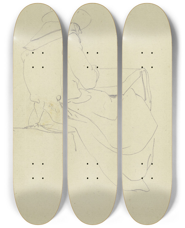Triptych art skateboard deck of Wilhelm Von Kobell Sitzende Rckenfigur Eines Zeichners Mit Dem Skizzenbuch Auf Den Knien by Wilhelm von Kobell (1766-1853)