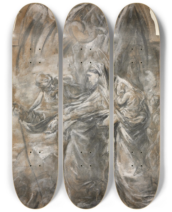 Triptych art skateboard deck of Alessandro Magnasco Flight Into Egypt by Alessandro Magnasco (1667-1749)