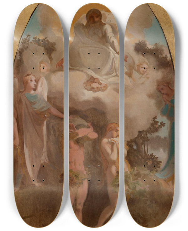 Triptych art skateboard deck of Victorlouis Mottez Adam Et Eve Chasss Du Paradis by Victor-Louis Mottez (1809-1897)