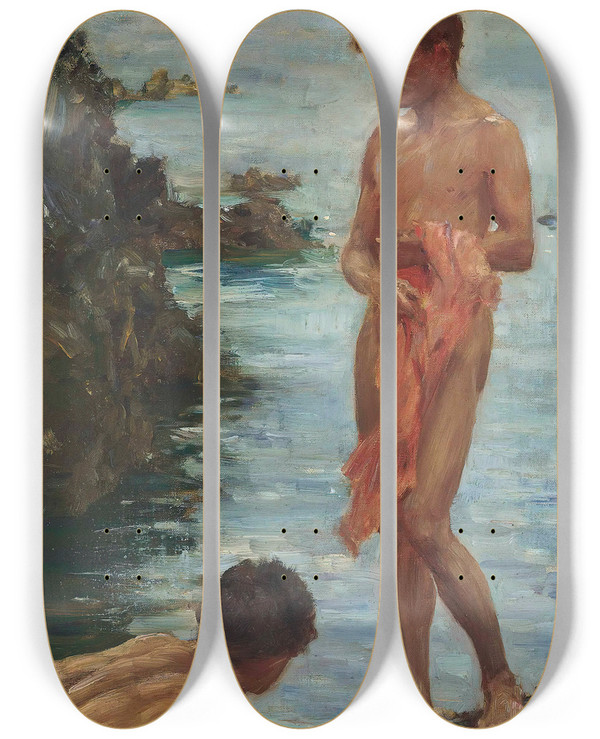 Triptych art skateboard deck of Henry Scott Tuke Variant On A Bathing Group by Henry Scott Tuke (1858-1929)