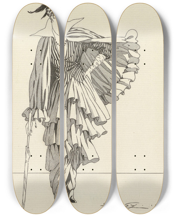 Triptych art skateboard deck of Dussy Journal Des Dames Et Des Modes Costumes Parisiens 1914 No 175 by Dussy