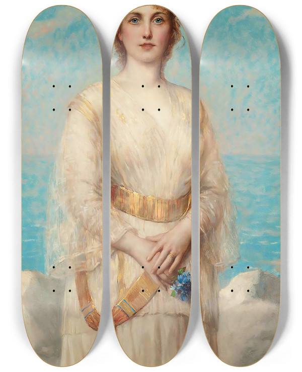 Triptych art skateboard deck of Lon Herbo A Maiden On The Shore by Leon Herbo (1850-1907)