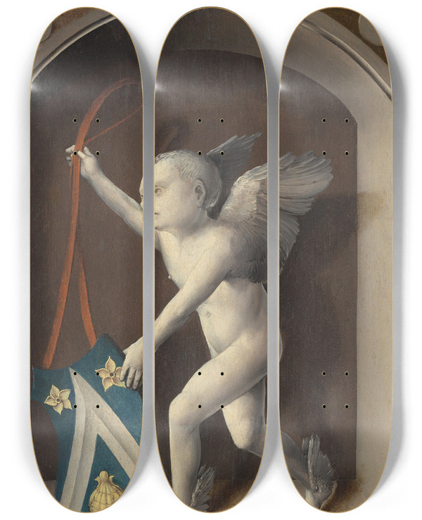 Triptych art skateboard deck of Bernard Van Orley Putto With Arms Of Jacques Cone Reverse by Bernard Van Orley (1492-1542)