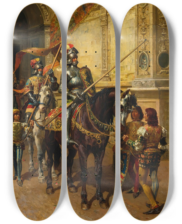 Triptych art skateboard deck of Cesare Auguste Detti To The Joust by Cesare Auguste Detti (1847-1914)