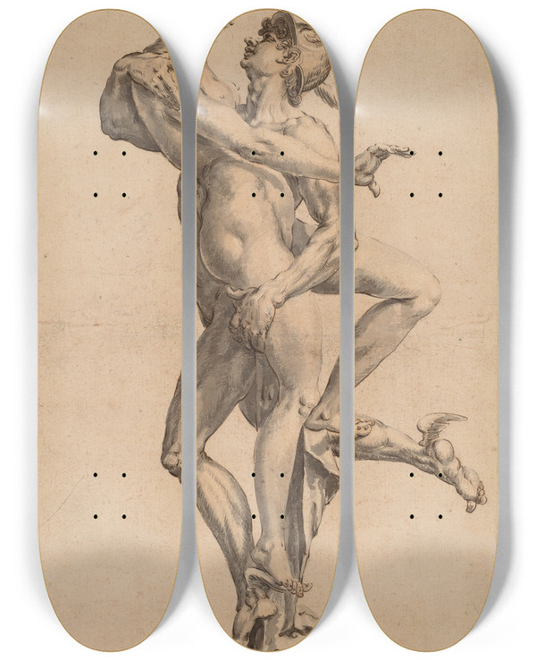 Triptych art skateboard deck of Michael Philip I After Jan Muller Mercury Abducting Psyche by Michael Philip I (1652-1687)