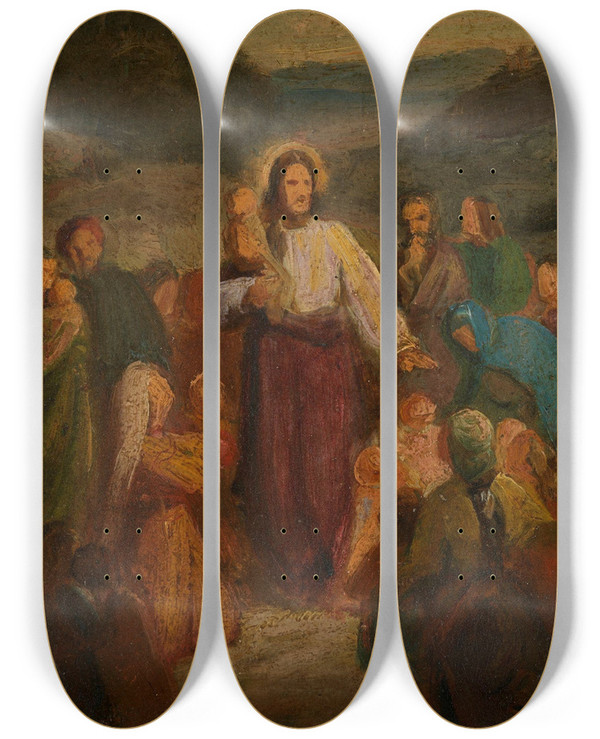 Triptych art skateboard deck of Adolph Tidemand La De Sm Barn Komme Til Meg by Adolph Tidemand (1814-1876)