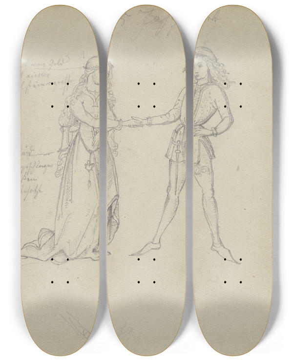 Triptych art skateboard deck of Gustav Heinrich Naecke Liebespaar In Mittelalterlicher Tracht Darunter Details Des Schmucks by Gustav Heinrich Naecke (1786-1835)