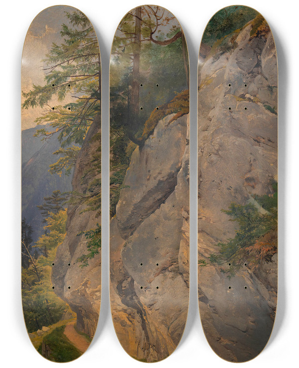 Triptych art skateboard deck of Joseph Holzer Weg Am Felshang by Joseph Holzer (1824-1876)