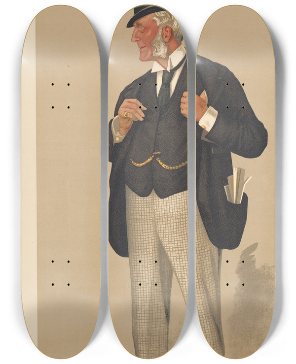 Triptych art skateboard deck of Leslie Matthew Ward Businessmen And Empire Builders Tea Mr Albert Deacon 28 June 1890 by Leslie Matthew Ward (1851-1922)
