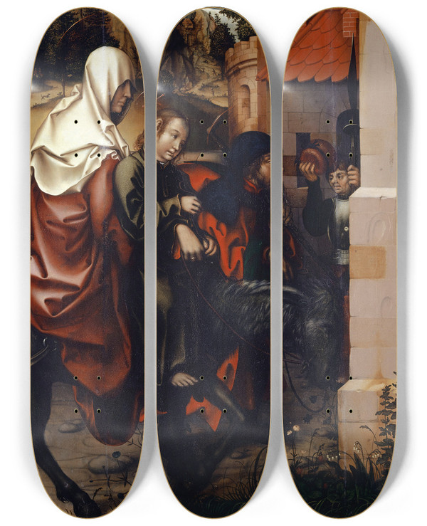 Triptych art skateboard deck of Hans Fries The Return From Egypt by Hans Fries (1465-1523)
