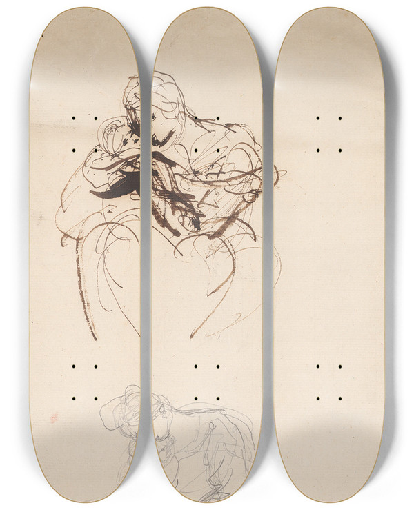 Triptych art skateboard deck of Sir Joshua Reynolds Two Sketches Of A Woman And Infant by Sir Joshua Reynolds (1723-1792)