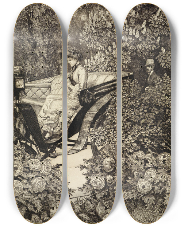 Triptych art skateboard deck of Max Klinger Begegnung Erste Begegnung Eine Liebe Opus X Blatt 2 by Max Klinger (1857-1920)