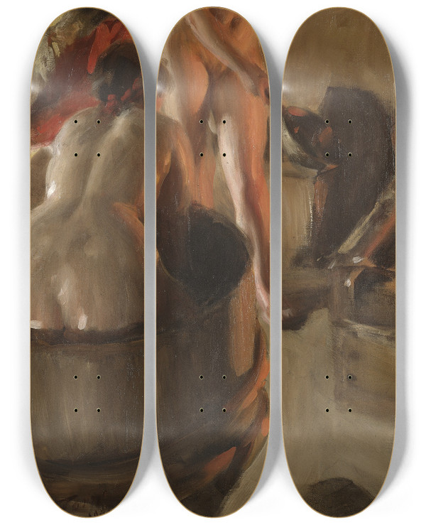 Triptych art skateboard deck of Anders Zorn Girls From Dalarna Having A Bath by Anders Zorn (1860-1920)