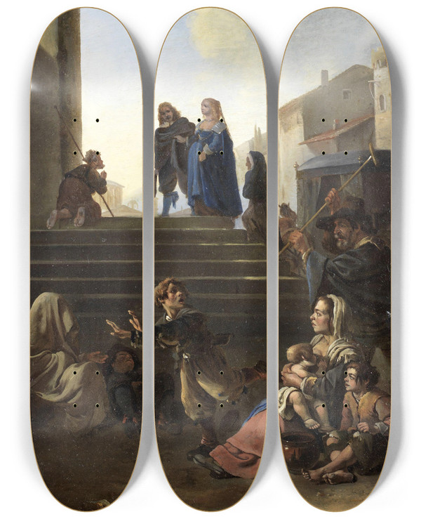Triptych art skateboard deck of Anton Goubau Peasants Before Church Steps by Anton Goubau (1616-1698)