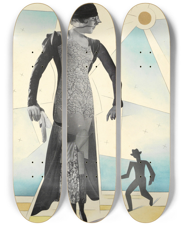 Triptych art skateboard deck of Karl Wiener Groe Dame Kleiner Mann by Karl Wiener (1901-1949)