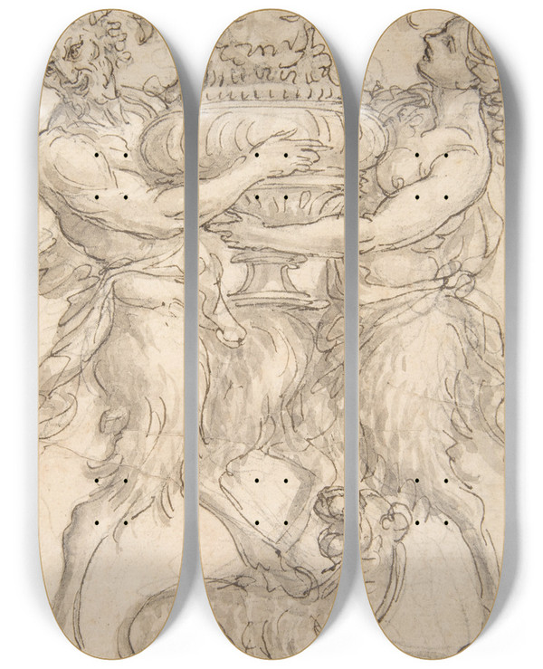 Triptych art skateboard deck of Giovanni Battista Foggini Design For A Sculpture Consisting Of A Satyr And Satyress Holding A Vase by Giovanni Battista Foggini (1652-1725)