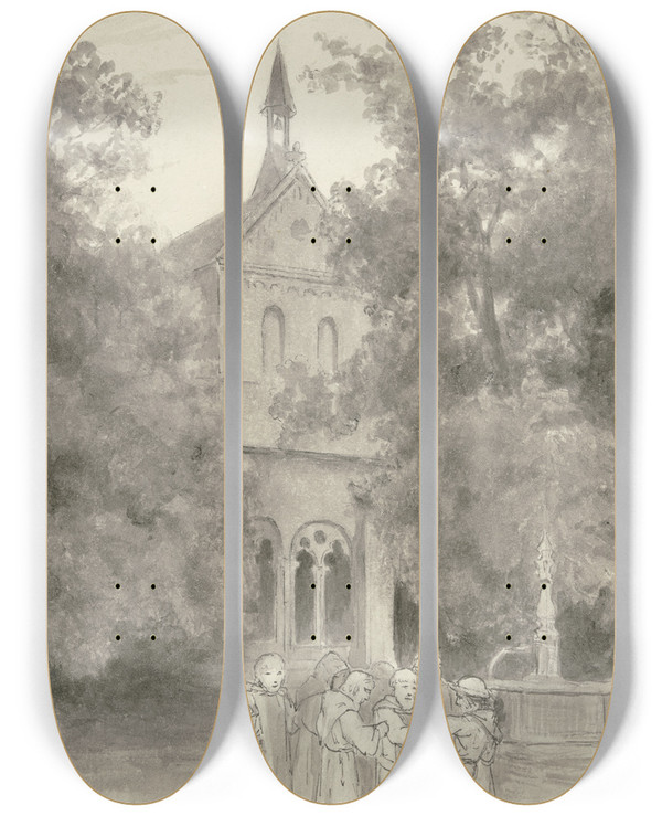 Triptych art skateboard deck of Wilhelm Steinhausen Diethers Aufbruch Nach Speyer by Wilhelm Steinhausen (1846-1924)