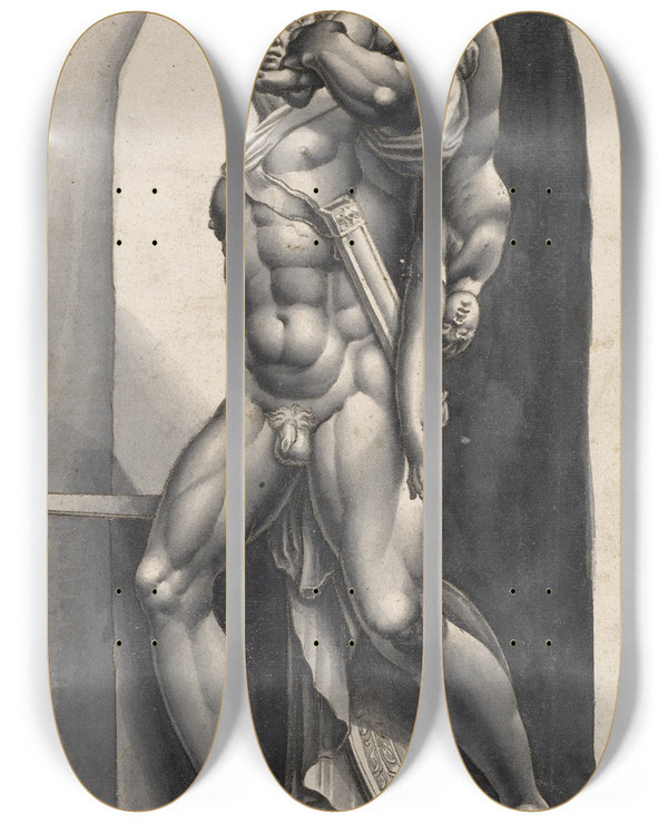 Triptych art skateboard deck of Hans Bock The Elder Achilles Carries Hectors Son by Hans Bock The Elder (1550-1624)