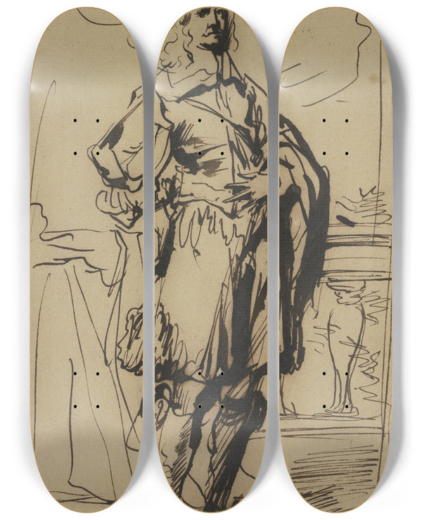 Triptych art skateboard deck of Anthony Van Dyck Studie Zu Einem Kavalierbildnis by Anthony Van Dyck (1599-1641)