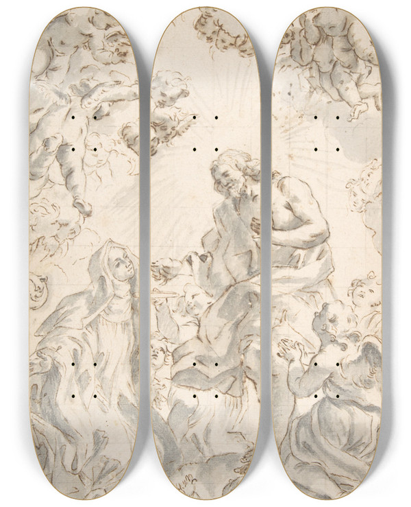 Triptych art skateboard deck of After Giovanni Battista Gaulli Christ Giving The Host To A Holy Abbess by After Giovanni Battista Gaulli (1639-1709)