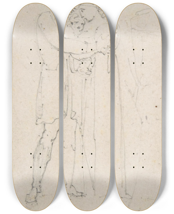 Triptych art skateboard deck of Heinrich Friedrich Fger Man Embracing Woman With Child In Her Arms by Heinrich Friedrich Fger (1751-1818)