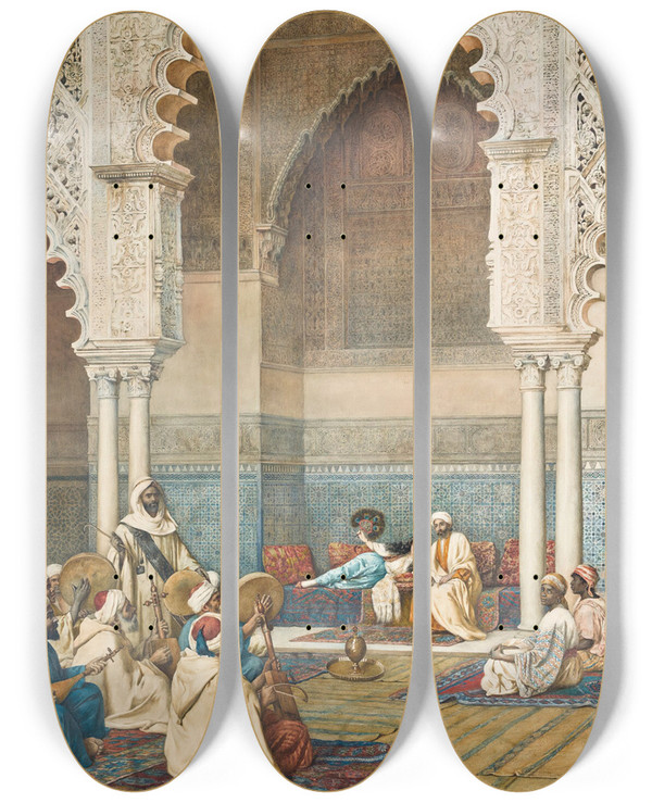 Triptych art skateboard deck of Enrico Tarenghi The Entertainers by Enrico Tarenghi (1848-1938)