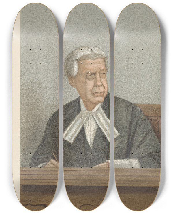 Triptych art skateboard deck of Leslie Matthew Ward Legal Plausible Swinfen Eady February 13 1902 by Leslie Matthew Ward (1851-1922)