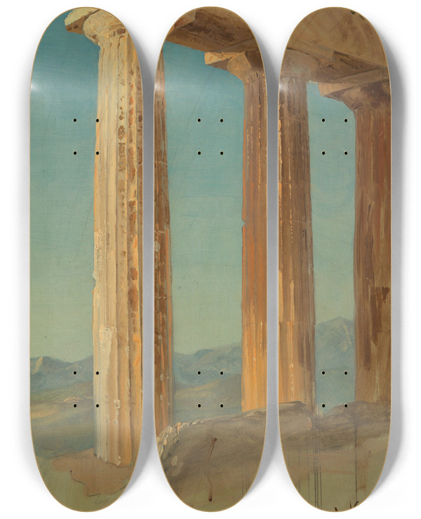Triptych art skateboard deck of Frederic Edwin Church Columns Of The Parthenon Athens by Frederic Edwin Church (1826-1900)