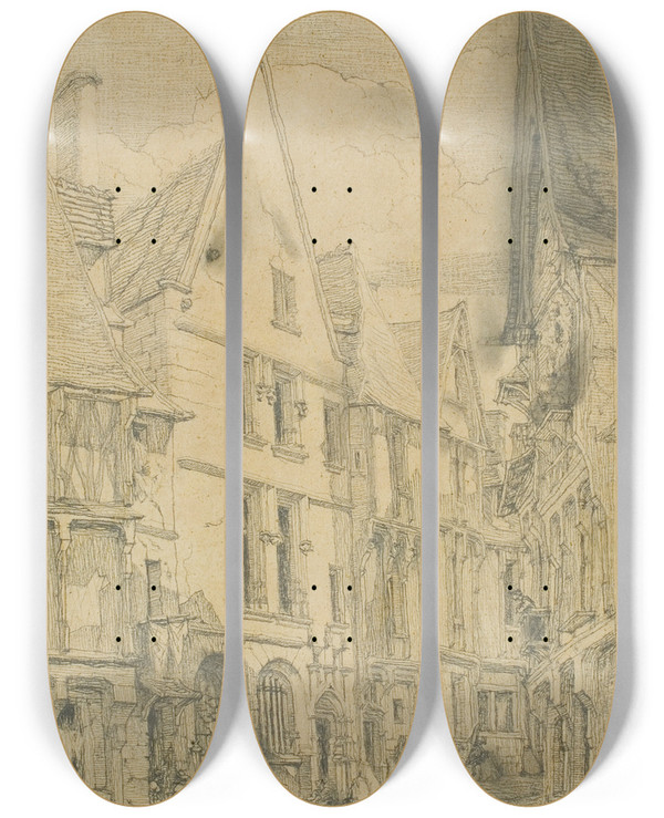Triptych art skateboard deck of Charles Meryon Rue Des Toiles Bourges by Charles Meryon (1821-1868)