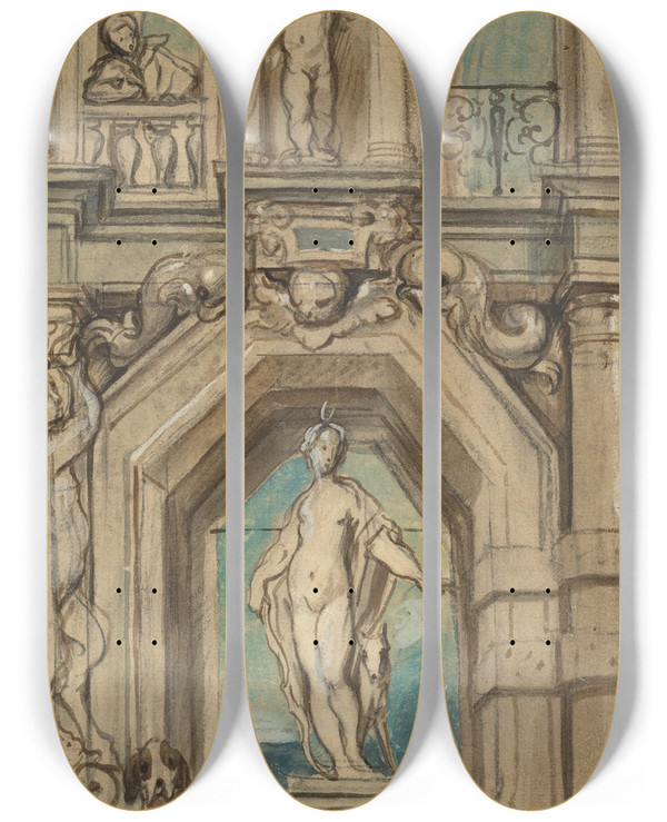 Triptych art skateboard deck of Jacob Jordaens Design For A Wall Decoration Recto by Jacob Jordaens (1593-1678)