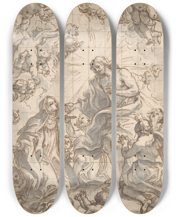 Triptych art skateboard deck of Giovanni Battista Gaulli Christ Giving The Host To A Holy Abbess by Giovanni Battista Gaulli (1639-1709)