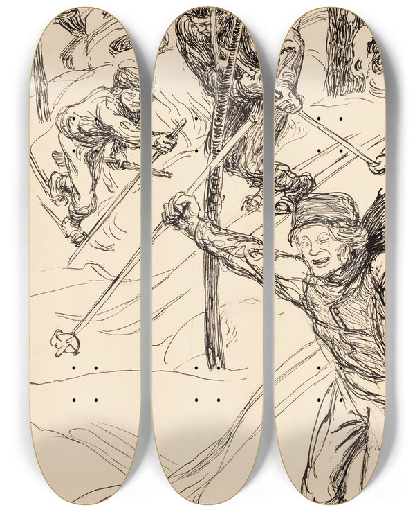 Triptych art skateboard deck of Akseli Gallenkallela The Brothers Skiing by Akseli Gallen Kallela (1865-1931)