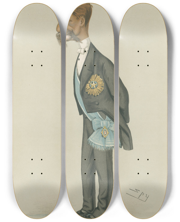 Triptych art skateboard deck of Leslie Matthew Ward Politicians Burra Dick Sir Richard Temple 15 January 1881 by Leslie Matthew Ward (1851-1922)