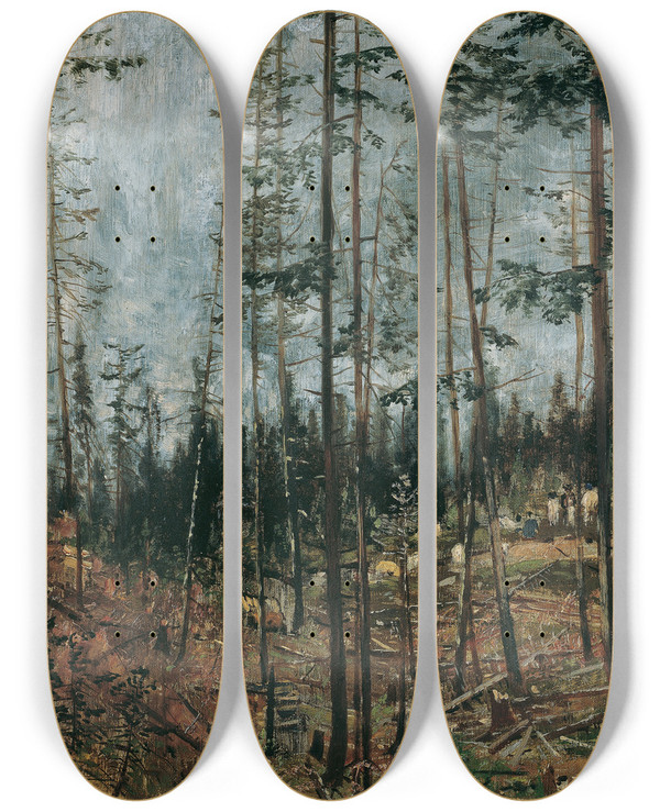 Triptych art skateboard deck of Theodor Von Hrmann Waldschlag Bei Gdll by Theodor Von Hormann (1840-1895)